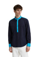 Dark Navy Mandarin Collar Popover Shirt